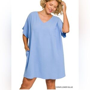 New!Plus Size2X Zenana Outfitters  Blue Woven Airflow T Shirt Dress with Pockets